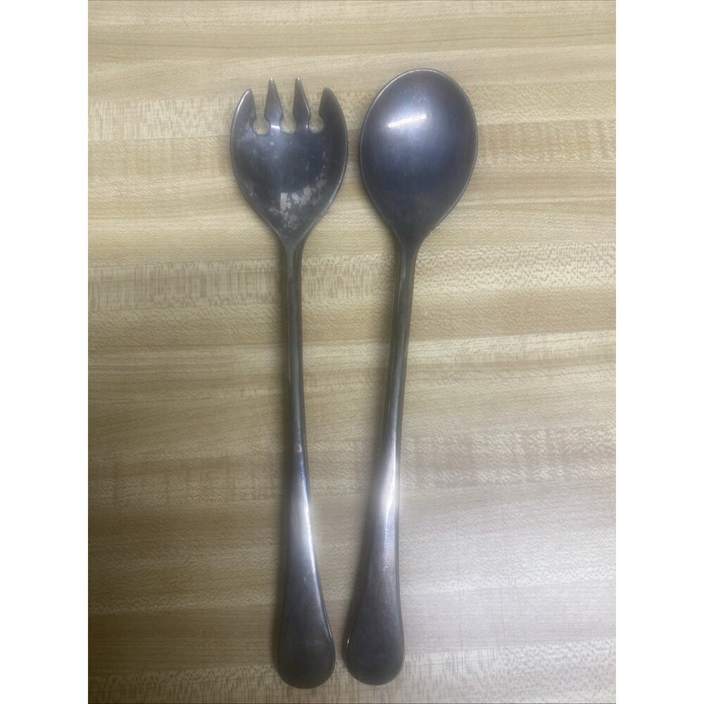 Vintage Silver Plated Salad Serving Utensil Set 9.25” Spoon & Fork Made in Italy